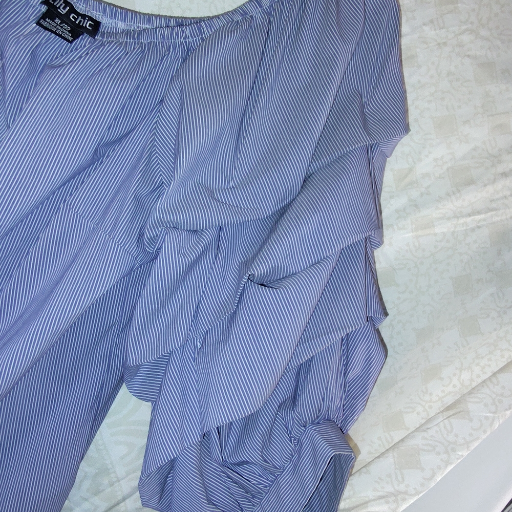 City Chic Striped Blue Ruffle Blouse - Picture 2 of 7